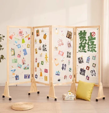 Kindergarten Craftwork, Calligraphy, and Photography Display Rack, Solid Wood Movable Folding Screen Partition Grid Showcase