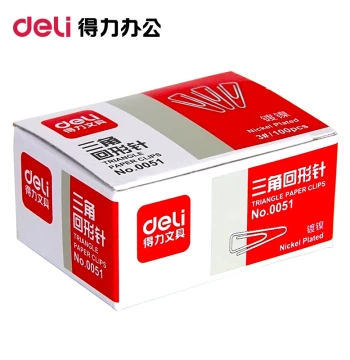 Deli Triangle Paper Clips 0051 Metal Triangular Curved Clips Thickened Electroplated Rust Resistant 100 Pieces/Box
