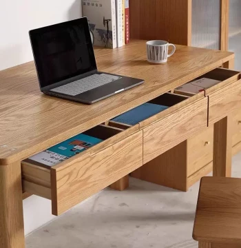 Solid Wood Bookshelf Desk Combo, Pure Red Oak, Minimalist Writing Table, European Style Study Room Furniture for Home and Office