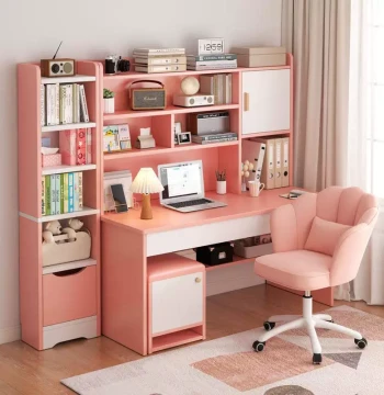 Student Home Study Desk, Children's Desk and Bookshelf Combo Set with Chair, Minimalist Bedroom Kids Writing Desk