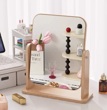 Makeup Mirror for Home Bedroom Vanity, Student Dormitory Desktop Retro Wooden Dressing Mirror, Beauty Mirror