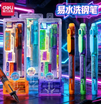 Deli Elementary Student Fountain Pen Hexagon Warrior Pulse Tip Soldier Washable Pen Set EF Practice Writing Replaceable Ink Cartridges