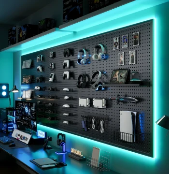 Custom Black Metal Pegboard Wall Shelf for Gaming Room, Computer Desk Organizer and Decor
