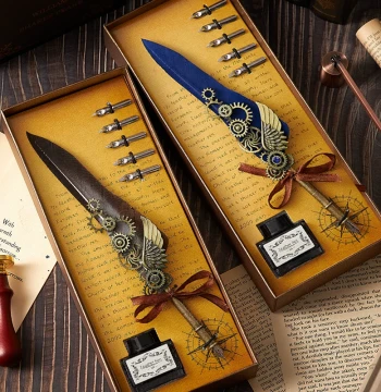 European Vintage Feather Pen and Fountain Pen Stationery Gift Box Set, High-Aesthetic Dipping Pen for Men, Practical Graduation, Birthday, and School Season Gift