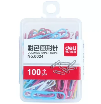 Deli Colored Paper Clips 0024, Deli 0024 Paper Clips, Colorful Paperclips, Deli Metal Curved Clips