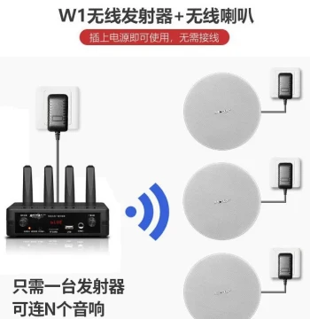 Wireless FM Broadcasting System with Receiving Ceiling Speakers, Column Speakers, Multi-Set Non-Interfering Usage, Includes 5-Zone Partitioning