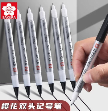 Sakura Dual-Tip Fine Liner Pens for Art Students and Kids – Oil-Based Black Ink, Quick-Drying, Waterproof, Fade-Resistant, with Fine and Broad Tips for Outlining and Hand Drawing