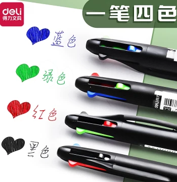 Deli Multi-Color Ballpoint Pen 4-Color Oil-Based Pen Colorful Atomic Pen Blue Multifunctional Note-Taking Pen Black Blue Red