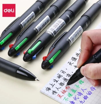 Deli 4-Color Retractable Ballpoint Pen - Multi-Color One-Pen Solution for Note-Taking, Press-Action Refills, Multi-Function Design