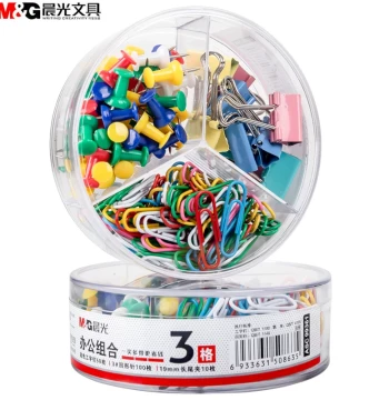 M&G Stationery ASC99361 Office Combination Set - 3-Compartment Organizer for Finance Use, Including Binder Clips, Paper Clips, and Push Pins