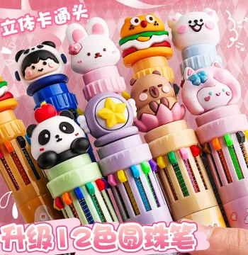 12-Color Cute Creative Retractable Multi-Function Gel Pen All-in-One Colorful Pen for Elementary Students Note-Taking Blue/Black/Red Ink Refills Press-Type Stationery
