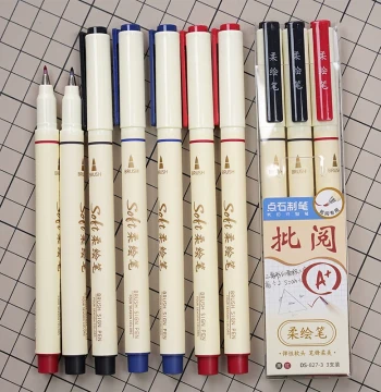 Dianshi Soft Drawing Pen for Grading Homework, Red Pen with Low Bleed-Through, Marker Pen, Black/Blue Soft Tip Flexible Liner Pen