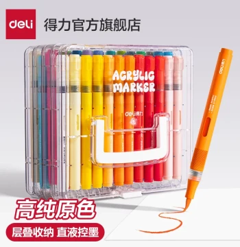 Deli Liquid Acrylic Markers with Soft Tips for Elementary Students, Acrylic Layering Box, Non-bleeding, High Coverage, Stackable Colors for Graffiti, DIY Art, Painting, Watercolor Pens, Christmas Gift