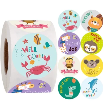 500/Roll Reward & Encouragement Pattern Stickers, Cute Hand-Drawn Cartoon Animal Round Seals for Kindergarten Teachers