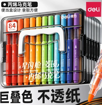 Deli Acrylic Markers for Elementary School Art, Soft-Tip Watercolor Pens for Kids, Washable, Non-Bleeding, Layerable Colors, Kindergarten Painting Brushes, 84-Color Set, 24-Color Refills, Glass Pen