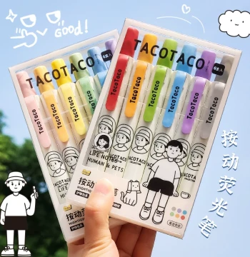 TacoTaco Co-branded Click-Action Highlighters, High-Aesthetic Large-Capacity Colored Markers for Students, Eye-Caring Pastel Morandi Tones for Note-Taking, Journaling, and Key Point Marking