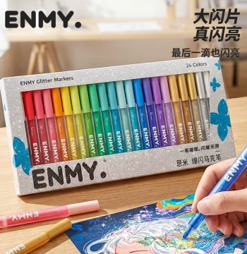 Enmy Flash Markers, Glitter Painting Pens, 12/24 Colors, Sparkling Gold/Silver/Pearl Dreamy Watercolor Pens for Elementary Students, Art Journals, Kindergarten Kids, Professional enmy