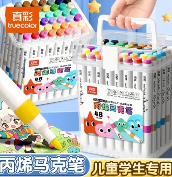 Truecolor Acrylic Markers for Elementary Art, Washable, Opaque, Layerable, Waterproof, Quick-Drying Watercolor Pens for Kids & Kindergarten, 48/24 Colors Graffiti Set