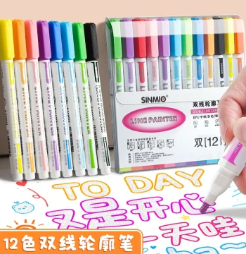 Double-Line Contour Pen One-Stroke Two-Color Glitter Pattern Pen Special for Handwritten Newsletters, Dual-Color Pen, Double-Line Pen, Fluorescent Journal Pen, Student and Children Pearl Colored Marker Set