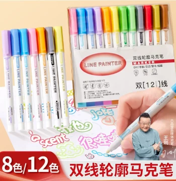 Liupintang Double-Line Contour Pen, 12-Color Glitter Gel Duo Fluorescent Marker for Scrapbooks and Hand Accounts, Flower-Shaped Color Pens for Students and Kids