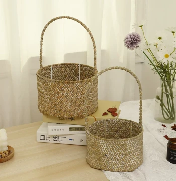 Nordic Style Seagrass Woven Basket for Wedding Favors, Gift Handbag, Storage Flower Basket