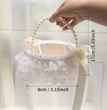 Wedding Flower Girl Basket with Pearl Lace Rattan Weave - For Petal Tossing, Bridesmaids, Home Storage, and Performance Props