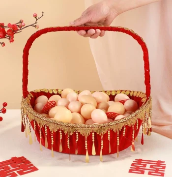 Wedding Supplies Chinese Style Flower Basket, Big Red Wedding Flower Basket, Handheld Rattan Weave Petal Basket, Gift Basket for Postpartum Care