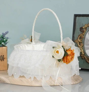 Fresh Pastoral Style Wedding Flower Basket, Fabric Handheld Basket for Flower Girls Scattering Petals or Holding Rings, Home Storage Basket