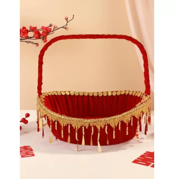 Postpartum Gift Basket, Wedding Supplies, Chinese Style Large Red Flower Basket, Handheld Rattan Basket for Spring Festival
