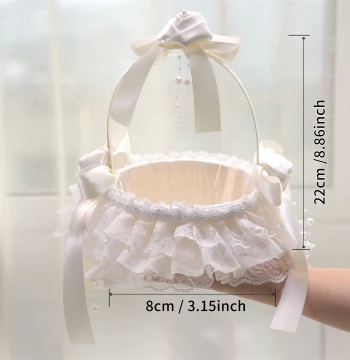 Wedding Flower Girl Basket for Scattering Petals or Ring Bearer, Bride and Bridesmaid Handheld Woven Rattan Lace Basket for Festive Performances