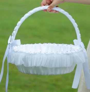 Extra-Large Wedding Flower Basket, White Lace Woven Rattan Basket for Flower Girls, Bridesmaids, Storage, or Pets