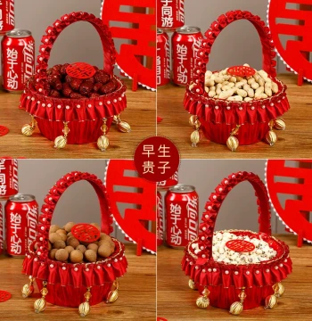 Wedding Handheld Flower Basket, Early Birth of Noble Son Bed Pressing Ornament Storage Basket, Wedding Celebration Pure Handmade Flower Basket