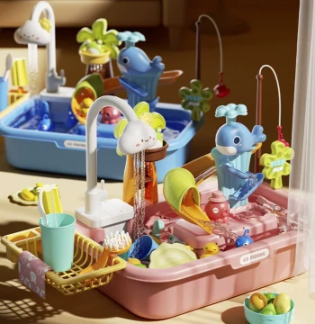 Electric Circulating Water Dishwasher Kitchen Sink Set, Pretend Play Fishing and Water Play Toy for Children