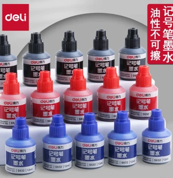 Deli Marker Ink Refill S632: 12ml Oil-Based Ink for Markers in Black, Blue, and Red; Fast-Drying, Non-Erasable Ink for Logistics Packaging Pens