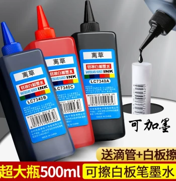 Whiteboard Marker Ink Refill - Erasable, Quick-Drying, Water-Based, Large Capacity 500ml (Black, Red, Blue) with Dropper and Eraser