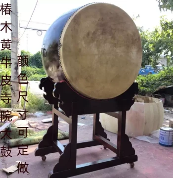 Cowhide Vertical Large Drum, Camphor Wood & Yellow Cowhide Temple Drum, Ritual Drum for Temple Halls, Ancestral Halls, and Buddhist Ceremonies