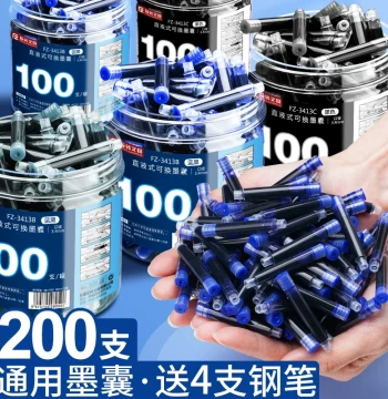 Bucket Pack of 3.4mm Ink Cartridges, 100 Pieces, Pure Blue, Blue-Black, and Black Ink for Elementary Students, Replaceable Cartridges for Non-Erasable Direct-Liquid Fountain Pens, Posture-Correcting Practice Refills for Kids, Wholesale