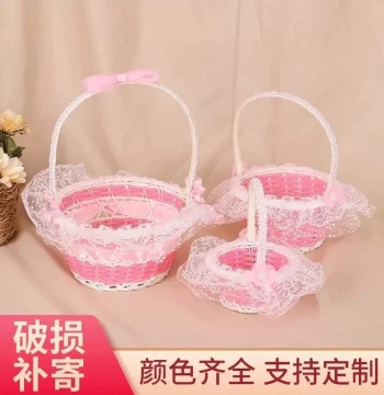 Flower Girl Flower Basket Wedding Bridesmaid Handheld Wicker Basket Wedding Bow Petal Basket Children Dancing Flower Basket