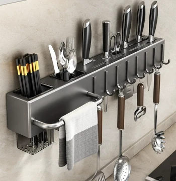 Stainless Steel Wall-Mounted Knife Rack: Punch-Free Multi-Function Kitchen Organizer for Knives, Chopsticks, and Utensils in One Unit