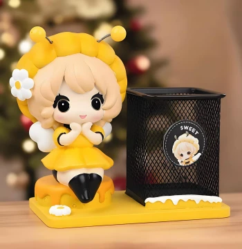 Creative Cute Bee Girl Pen Holder - High-Capacity, Stylish Desktop Organizer for Kids, Students, and Teachers