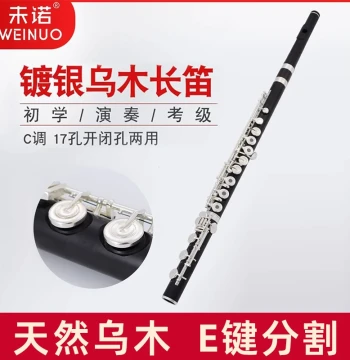 Weinuo Ebony Flute, Professional Instrument for Exams and Performance, Key of C, 17 Open Holes, B Foot Joint, Silver-Plated Ebony Body