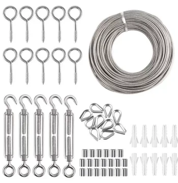 Stainless Steel Plastic-Coated Wire Rope, PVC Cable Guardrail Accessories Kit Including Thimble, Eye Bolt, Spring Hook, Turnbuckle, and Wire Rope Clip