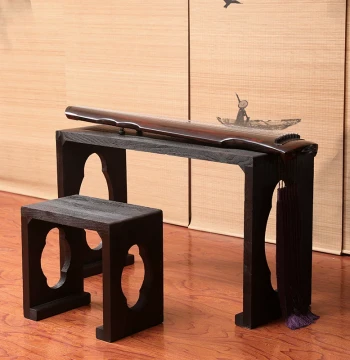 Burnt Paulownia Guqin Table and Stool – Solid Wood with Dovetail Mortise-and-Tenon, 4CM Thick Plank, Resonant Tea/Calligraphy Desk
