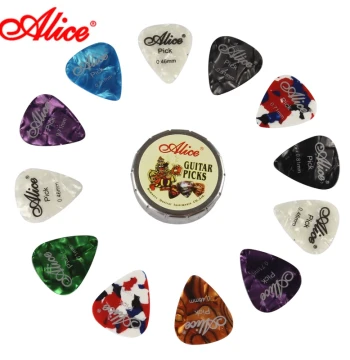 Authentic Alice Guitar Picks in Colorful Celluloid Tin Box – Anti-Slip Electric Guitar Picks with Unique Designs