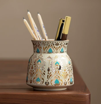 Ru Kiln Retro Dunhuang Phoenix Feather Pen Holder Multi-functional Makeup Brush Storage Ceramic Home Office Organizer Decor