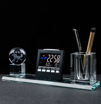 Crystal Pen Holder with Digital Calendar – Customizable Business Gift, Premium Desk Decor for Office or Study