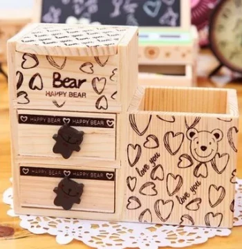 Multifunctional Fashion Creative Pencil Holder, Wooden Cute Bear Drawer Storage Box, Desktop Double-Layer Pencil Cup for Girls
