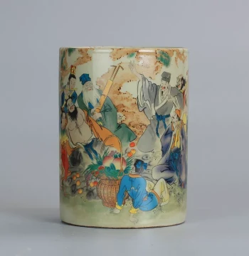 Replica Qing Tongzhi Porcelain Collectible - Jingdezhen Famille Rose Figure Brush Holder Featuring the Eight Immortals