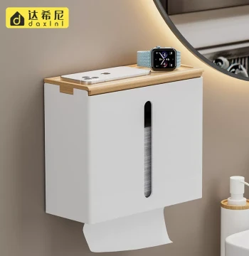 No-Drill Tissue Box, Solid Wood Hotel Bathroom Hand Paper Holder, Wall-Mounted Beech Wood Tissue Dispenser for Restroom