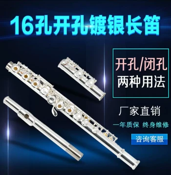 16-Hole E-Key C Tuning Flute, Open and Closed Hole Dual-Use, Copper Silver-Plated Professional Performance Instrument with Portable Case